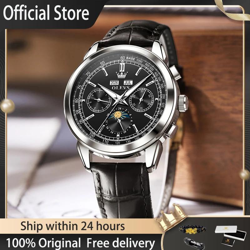 

Мужские часы OLEVS, деловые, спортивные, многофункциональные, механические, водонепроницаемые, с функцией отображения фаз луны, в подарочной коробке, модель 7117