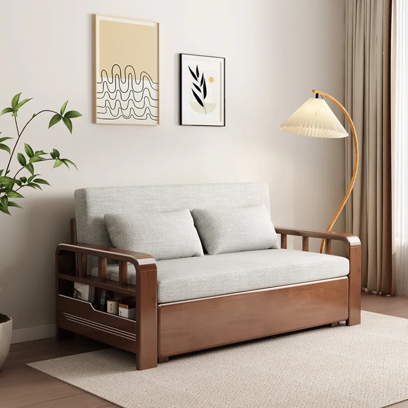 

Solid wood sofa bed folding dual-purpose simple small apartment living room telescopic sofa