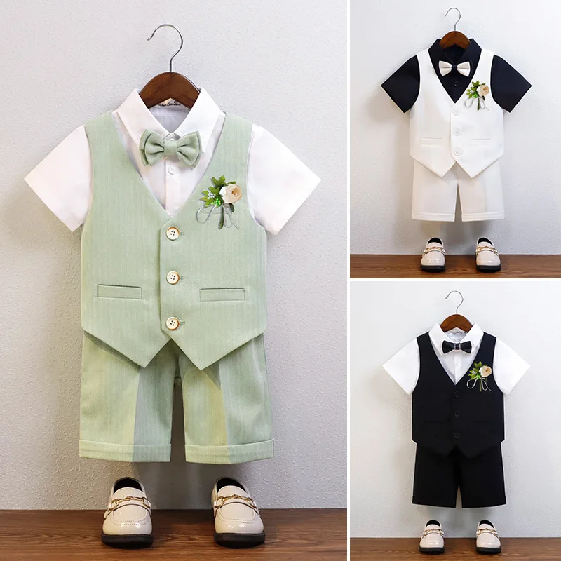 Boys Birthday Wedding Party Dress Children Summer Green Baptism Photography Suit Kids Vest Shirt Shorts Bowtie Ceremony Costume