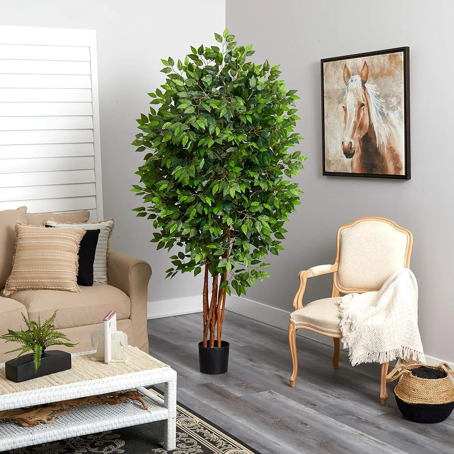 Albero di Ficus artificiale Deluxe quasi naturale da 6,5 piedi per decorazioni per la casa al coperto, grande pianta finta con fioriera nera per vivaio, Ficus finto