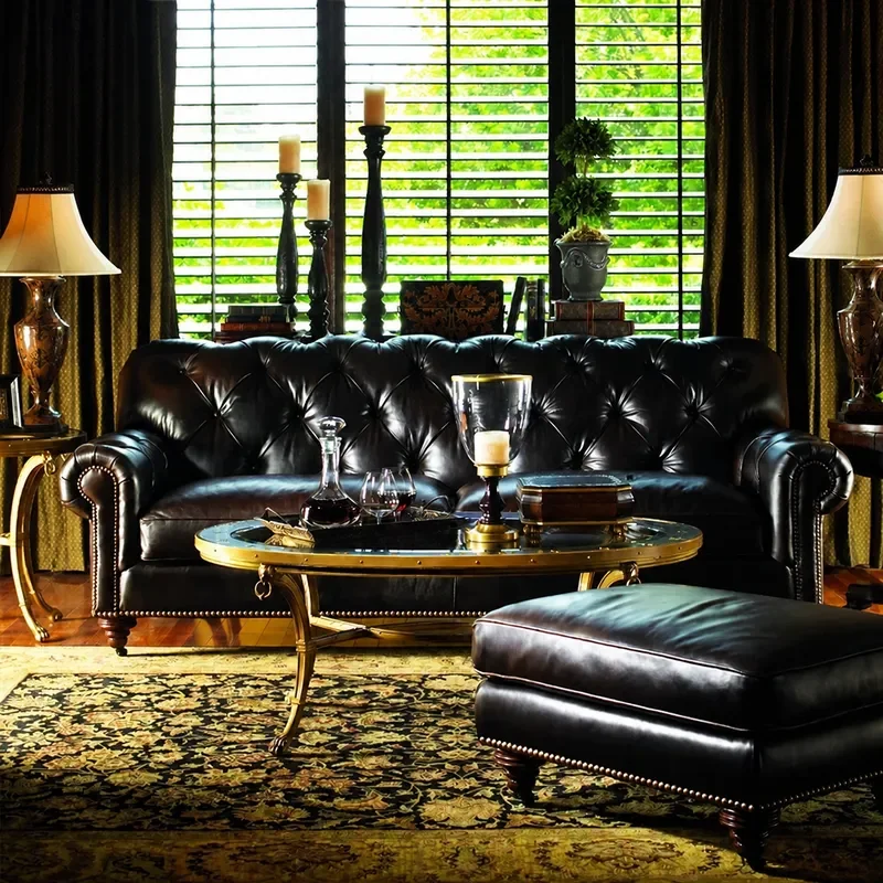 American Retro Leather Sofa with Art Buckle Design 3 Seater Couch for Living Room Hotel KTV Reception Office Furniture