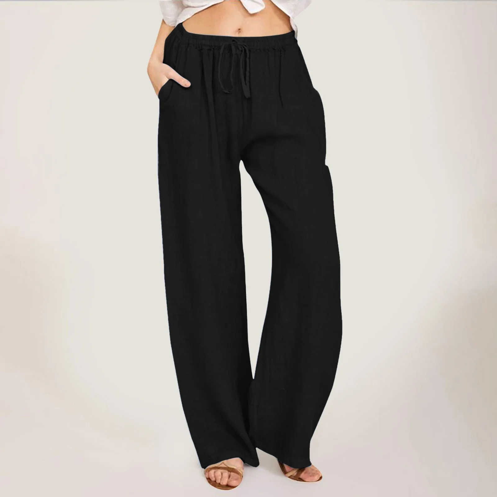 

Women Loose Wide Leg Trouser Black High Waist Drawstring Casual Pants With Pocket Solid Color Cotton Linen Breathable Sweatpants