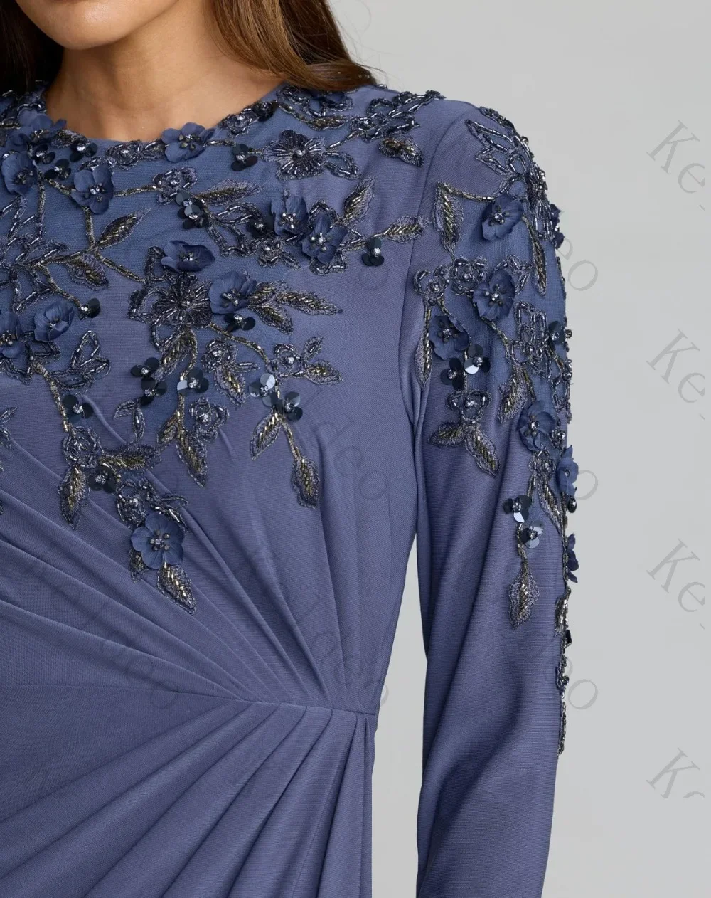 Customized Dusty Blue Jersey Evening Gown Round Neck Long Sleeve 3D Floral Beaded Ruched Dress for Mother of Bride Formal Party