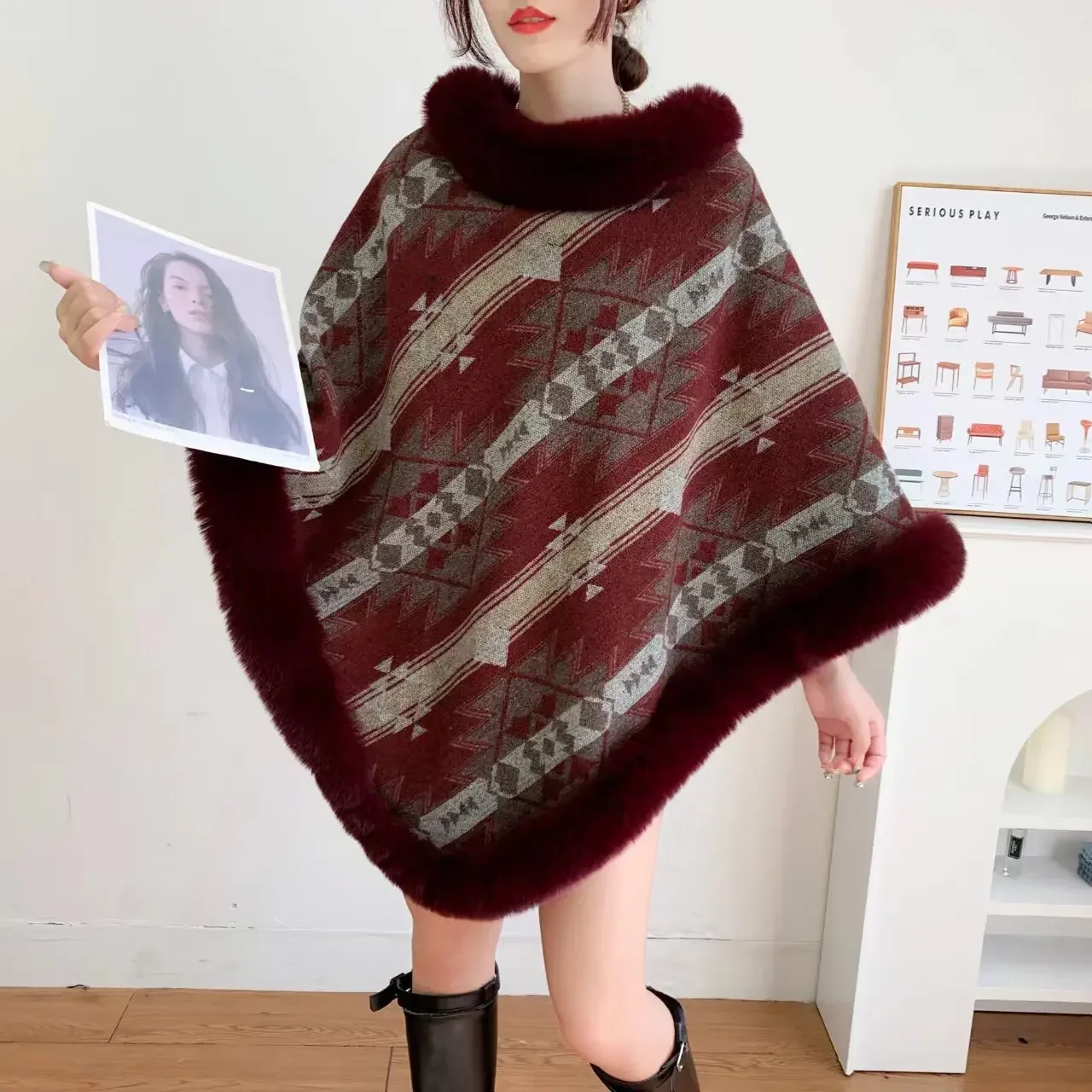 6 Colors Female New Loose Streetwear Printed Poncho Cloak Winter Velvet Warm O Neck Faux Rabbit Fur Women Pullover Shawl Coat