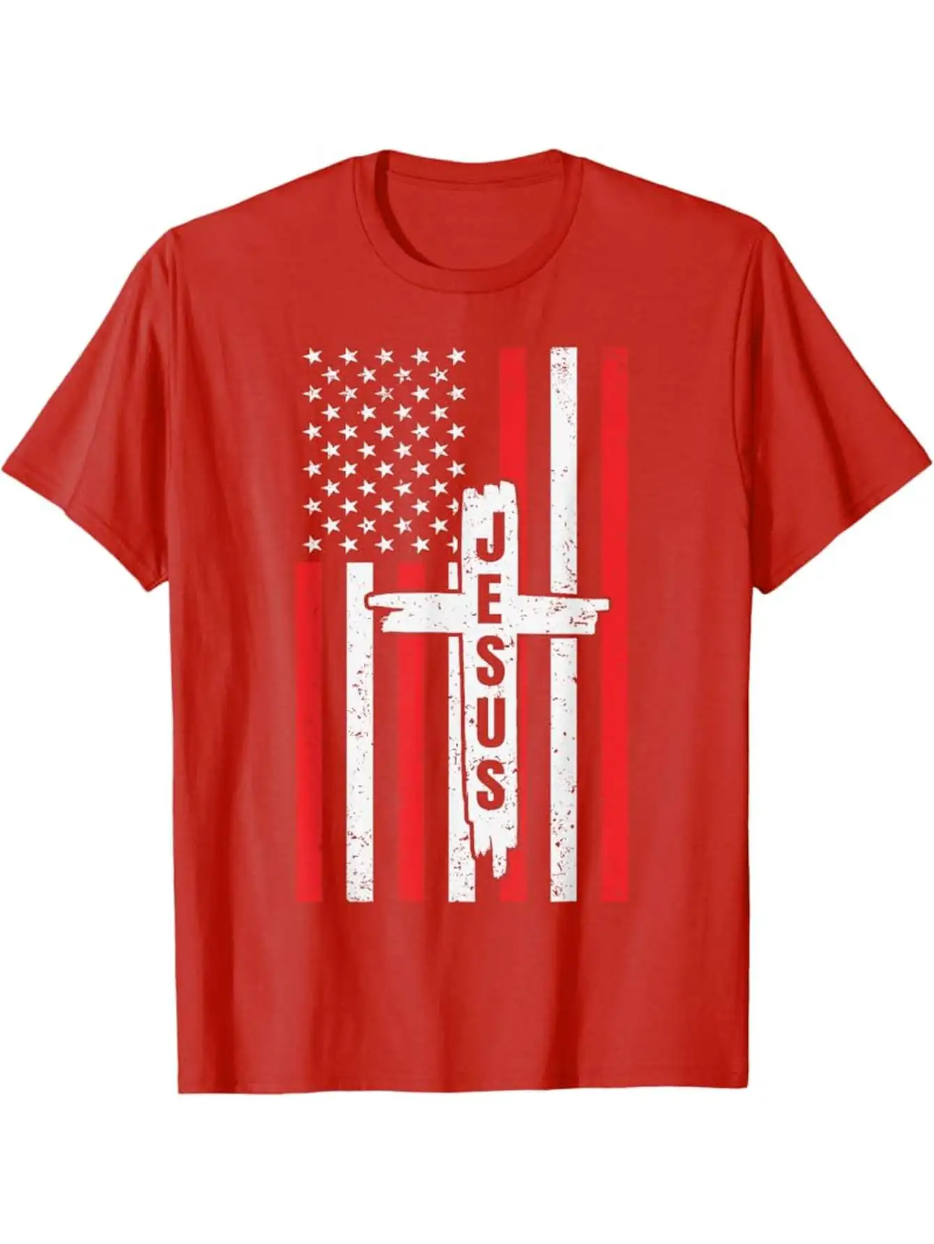 

American Flag Jesus Christ Faith&USA Patriotic Design with Jesus Cross design-cotton O-neck short sleeve printed men's T-shirt.