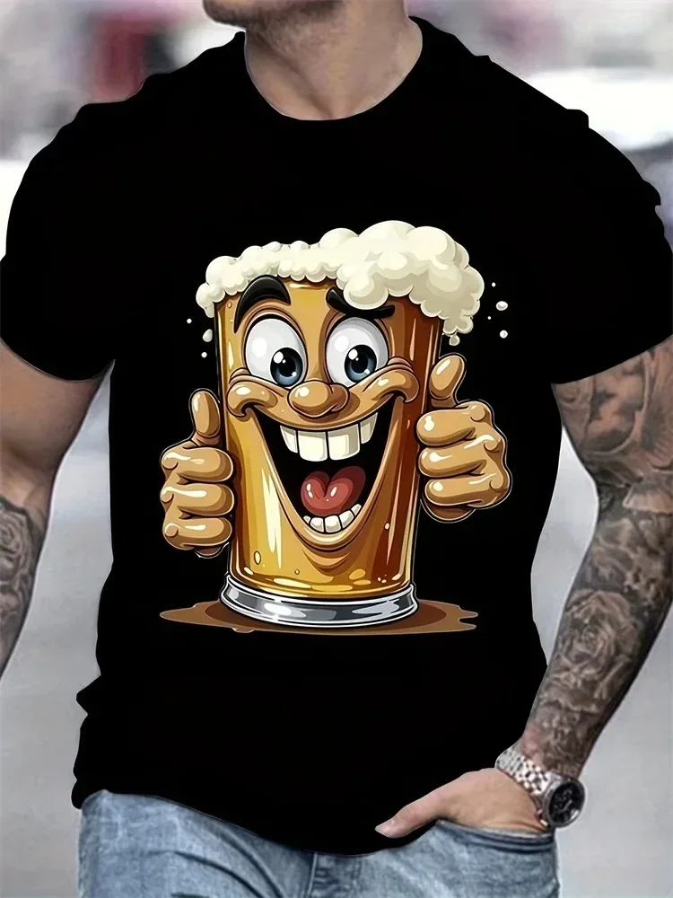 Neues Herren-T-Shirt für den Sommer, modisch, lässig, locker sitzend, mit Bierkrug-Aufdruck, Rundhalsausschnitt, kurze Ärmel, große Größe, lässige kurze Ärmel