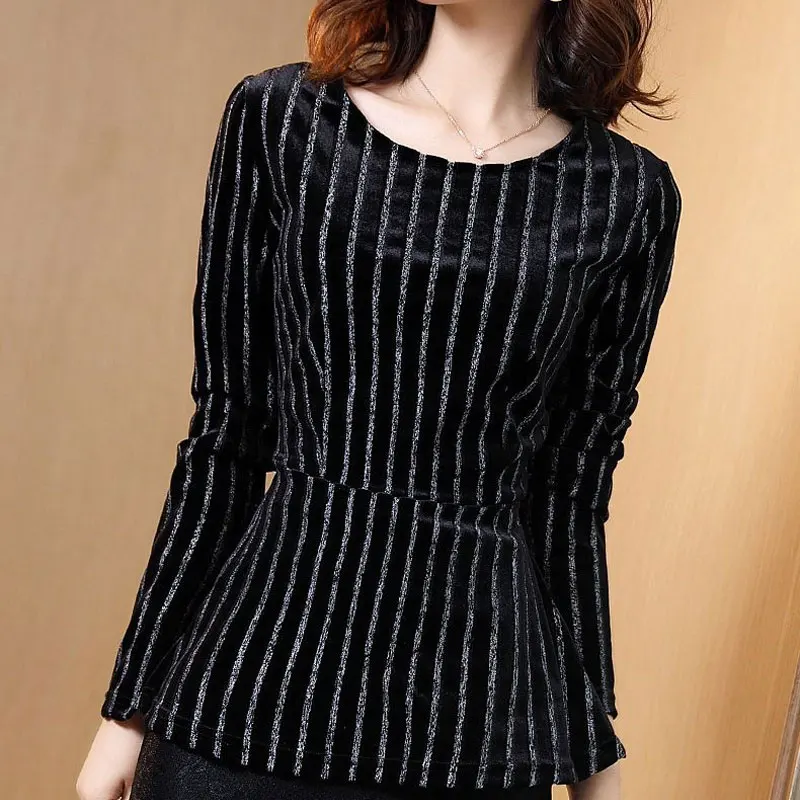 Commute Striped Waist Velvet Pullovers Autumn Winter All-match Long Sleeve Women\'s Clothing Casual O-Neck Korean Slim T-shirt