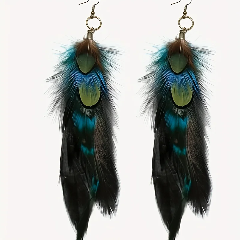 Bohemian ethnic style earrings, antique copper feather alloy ear hooks, women\'s long jewelry