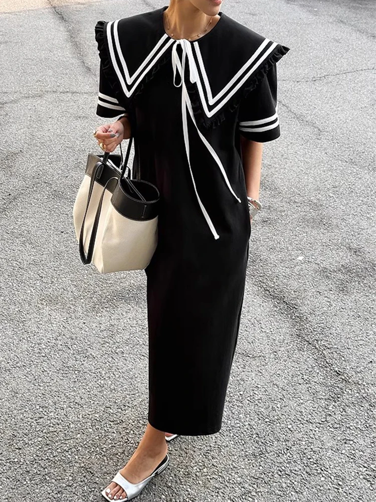 فستان SuperAen بياقة كحلي قابل للفصل للنساء صيفي جديد فضفاض بأكمام قصيرة تي شيرت طويل