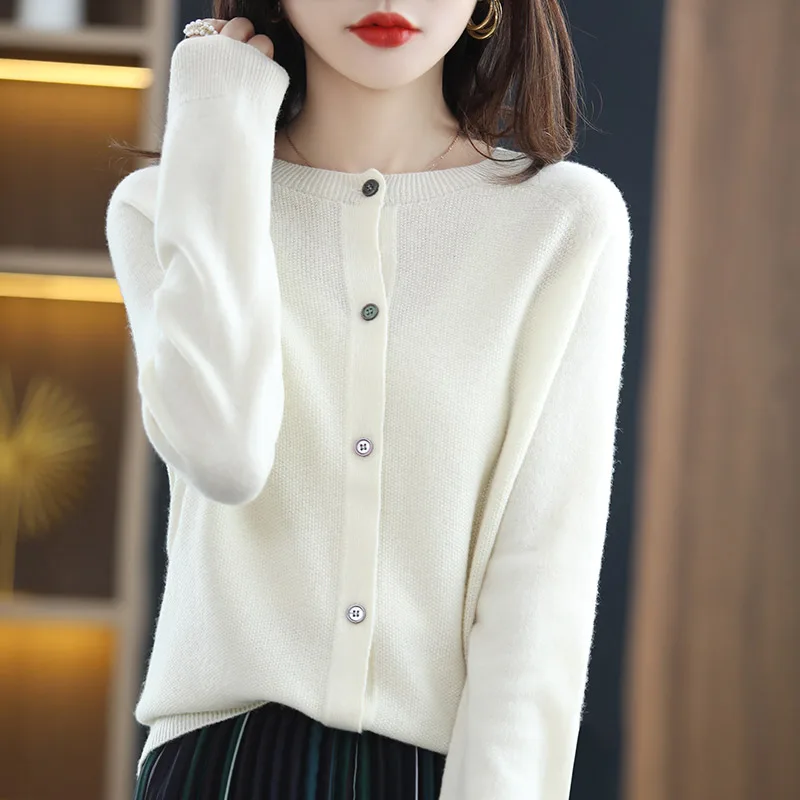 Tailor Sheep Women Merino Wool Cardigans Sweater O-neck Autumn Winte Knitted Cashmere Single Breasted Solid Color Bottom Tops