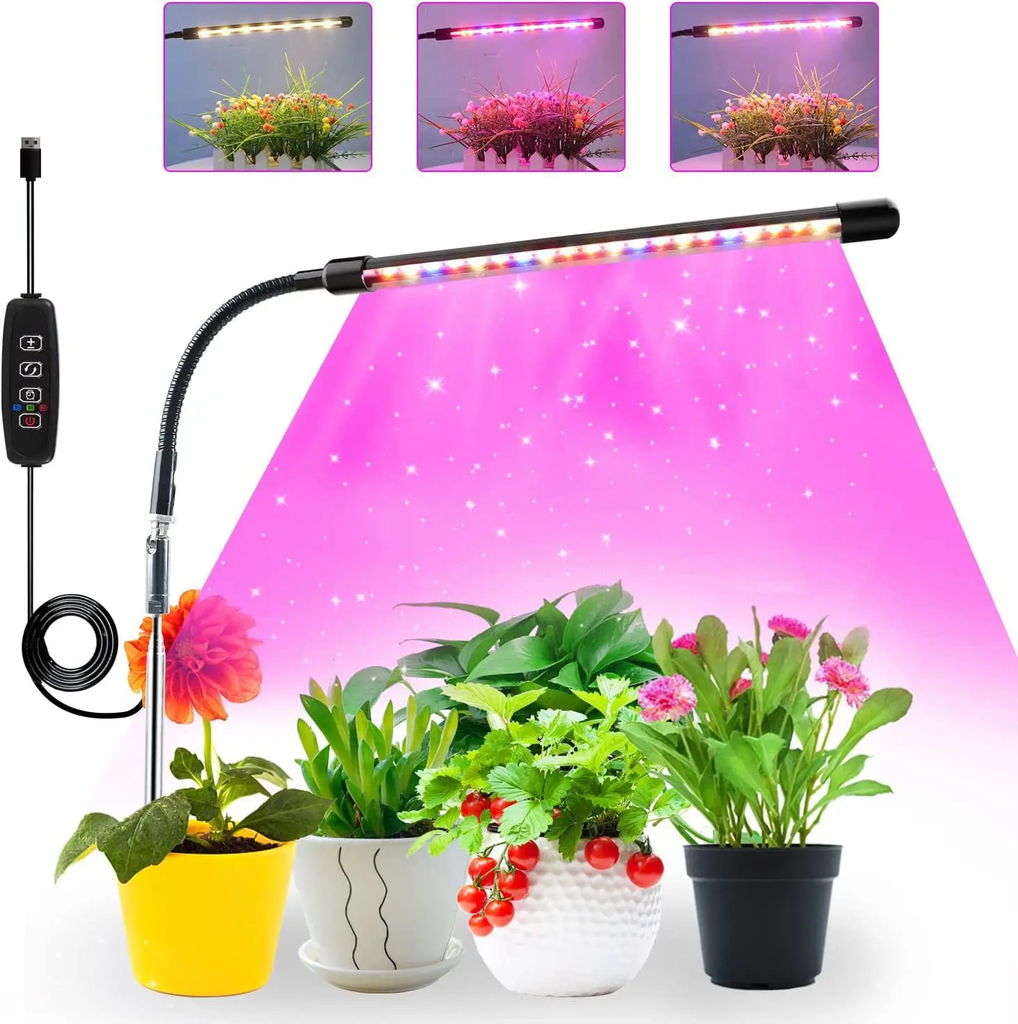 Lâmpada de cultivo pequena para plantas de interior, espectro azul vermelho com temporizador Gooseneck Sunlight Plant Lamp 80cm para plantas suculentas