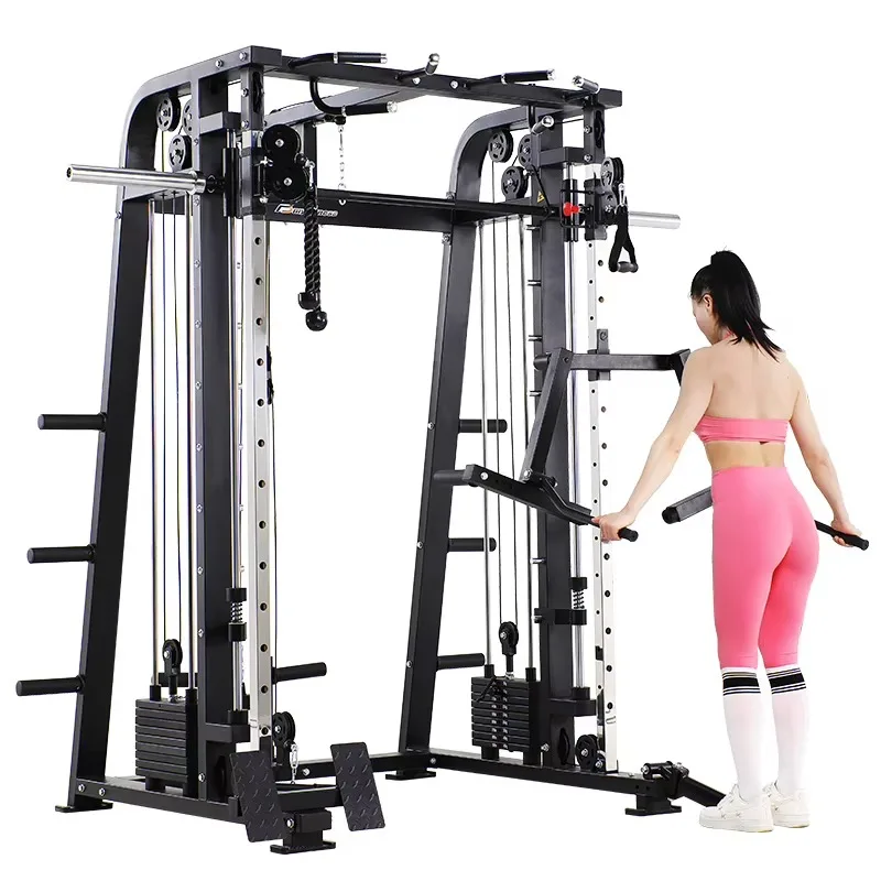 YTYIN Multi Functional Smith Trainer With High Low Pulley And Dual Weight System (110lbs Cement + 45kg Steel) For Home Gym