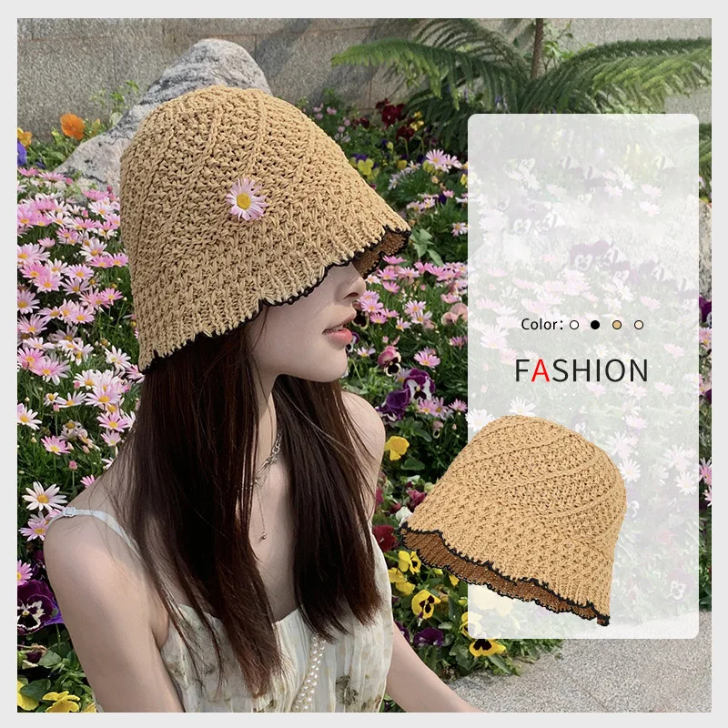 

Straw Hat Female Summer sun-shading Seaside Beach Sun Hat Hollow Breathable Weaving Show Face Small Bucket Fisherman Hat