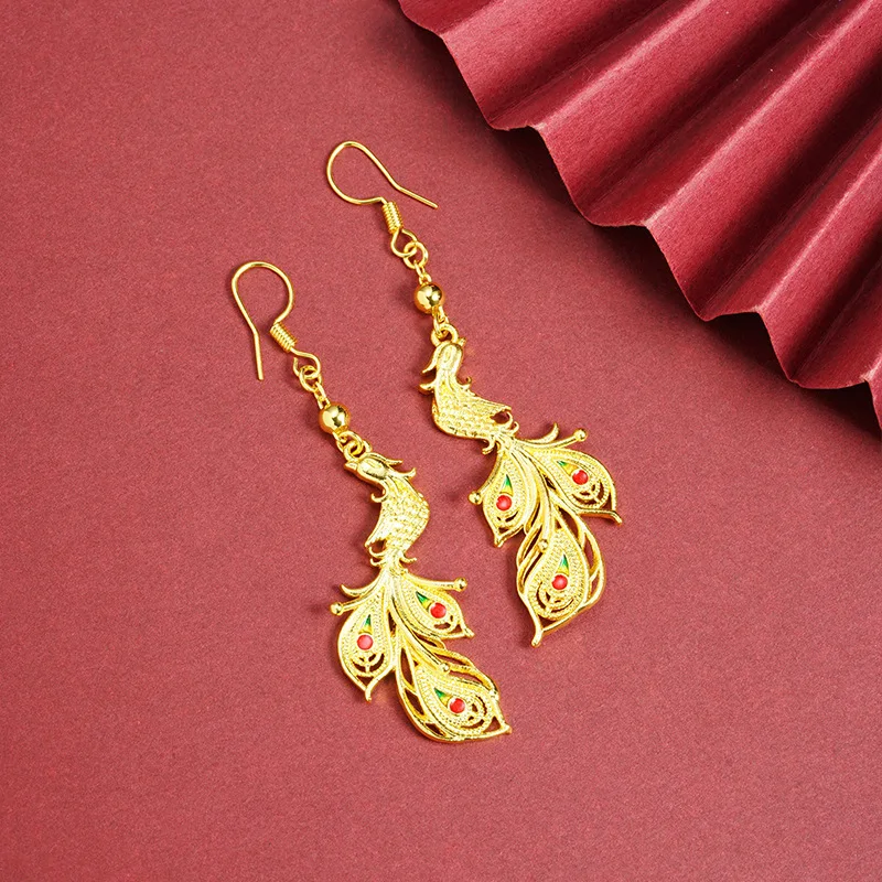 Luxury 24K 9999 Pure Gold real gold Women's Palace Style Vintage Phoenix Earrings