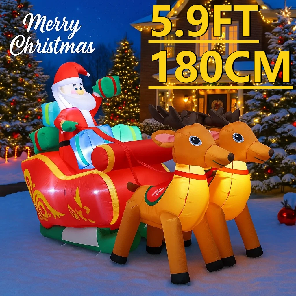 Decoración inflable LED para patio de Navidad de 5,9 pies con Reno, trineo de Papá Noel, suministro de decoración para el hogar, adorno, juguete para regalo, decoración navideña