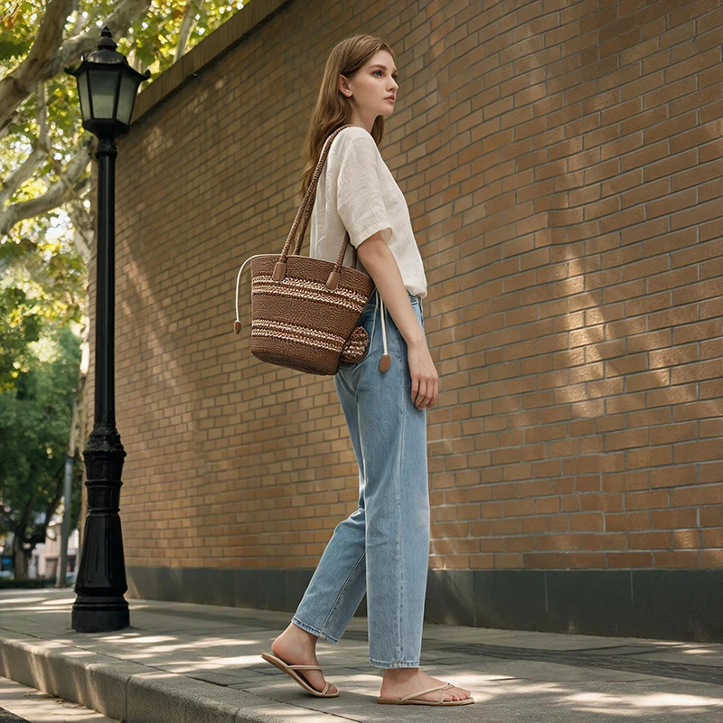 Rattan-Geflecht-Marktkorb-Schultertasche mit passender Geldbörse, handgefertigte gewebte Einkaufstasche für Damen, elegante Tragetasche – Detail 14