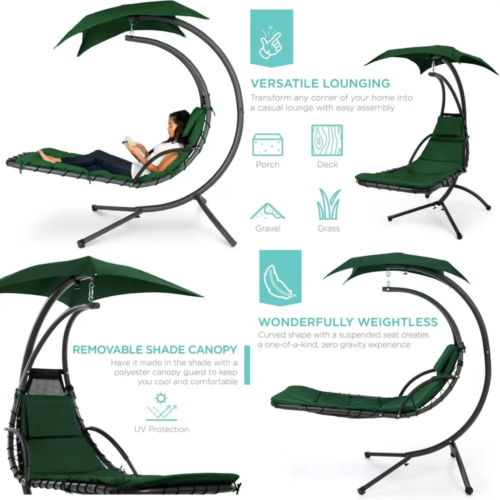 كرسي استرخاء من الفولاذ المنحني للاستخدام الخارجي مع وسادة ومظلة قابلة للإزالة، أخضر - مثالي للاسترخاء في حديقتك #1