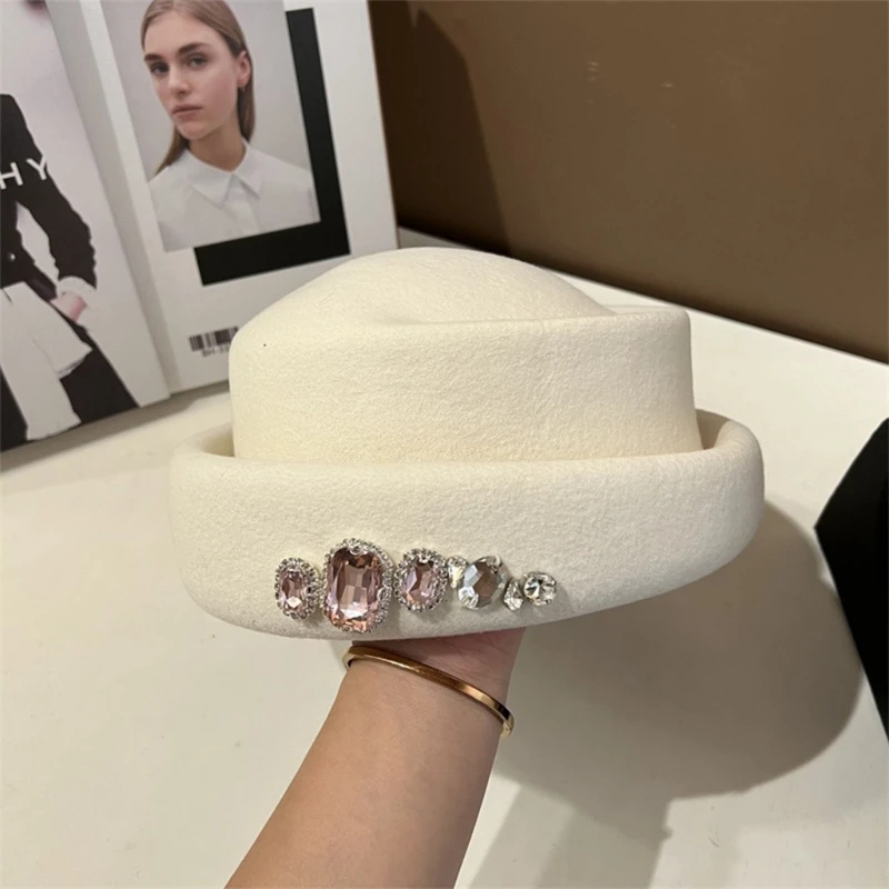 Rhinestones Wool Top Hat For Women Breathable Soft Dome Hat Cool Joker Girl Sweet Painter Hat Winter Autumn Warm Headwear