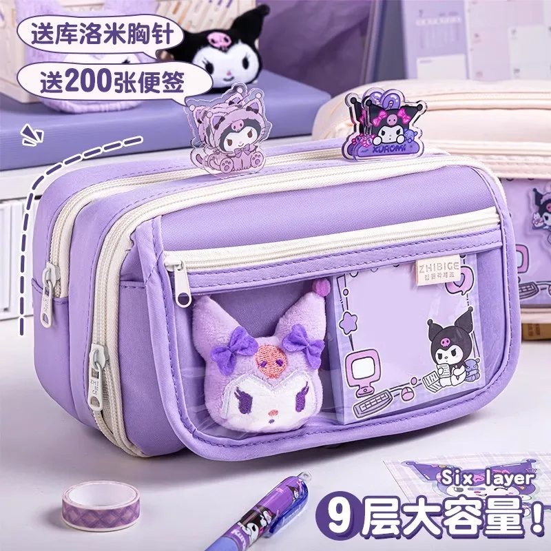 Sanrio Kuromi-estuche de lápices de gran capacidad para niñas, bolsa bonita con cremallera, bolso Kawaii para niños, suministros escolares para