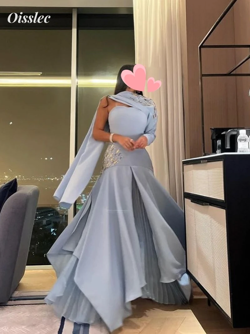 Oisslec Dress Elegant Vintage Sweet Sky-Blue Beading One Shoulder Customize Formal Occasion Prom Dress Evening Party Gowns