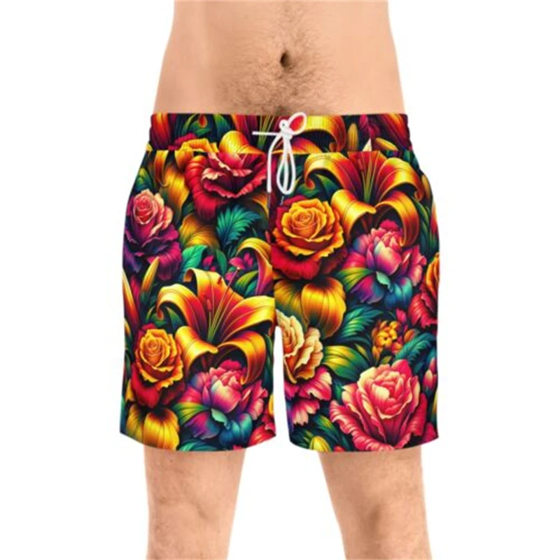 Coconut Leaves Men\'s Flowers Beach Briefs Summer Big Size Swimwear Men Board Shorts Casual Hawaiian 3D Holiday Trunks Stripe