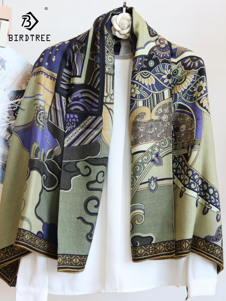 Birdtree 30% Real Silk 70% Wool Women Scarf Double Sided Vintage Print 2024 Spring Autumn Versatile Scarves Mom's Gift A41408QC