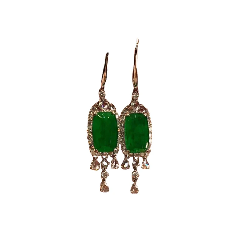 Natural Hotan Jade Exquisite Square green tassels earrings for women Ethnic Style Vintage party earings Banquet Jewelry