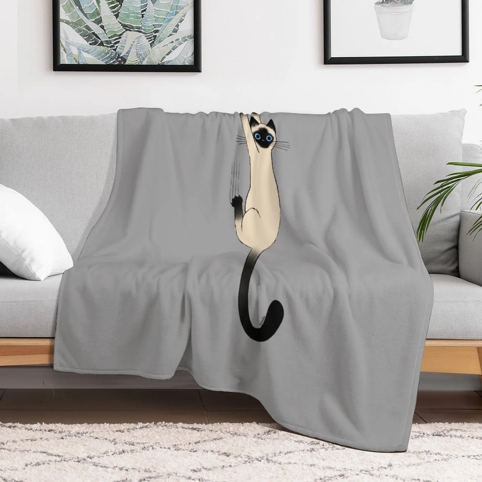 Siamese Cat Hanging On with Claws Funny Cat Holding On Throw Blanket Reusable Durable Soft Blanket for All Seasons