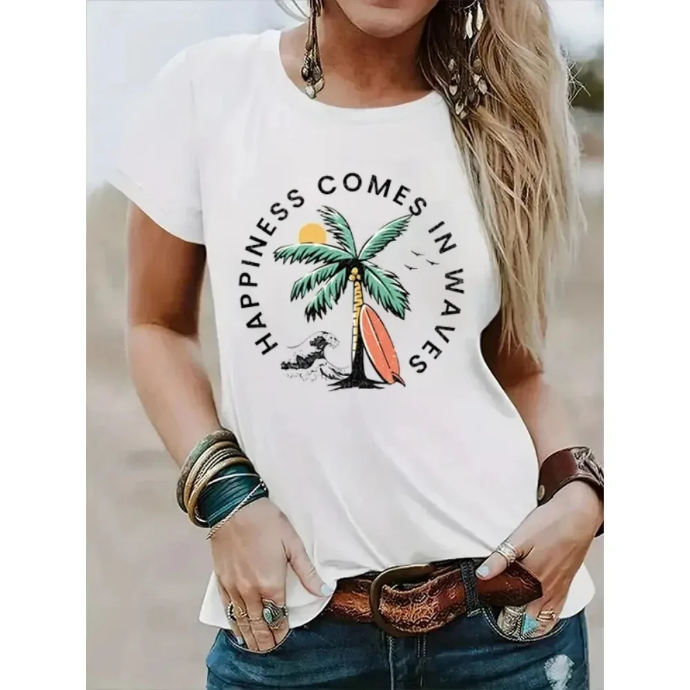 Retro Surfboard Coconut Palm Sea Wave Print Women Cotton T-shirt Happiness Comes in Waves Slogan Summer Party Trend Female Tee