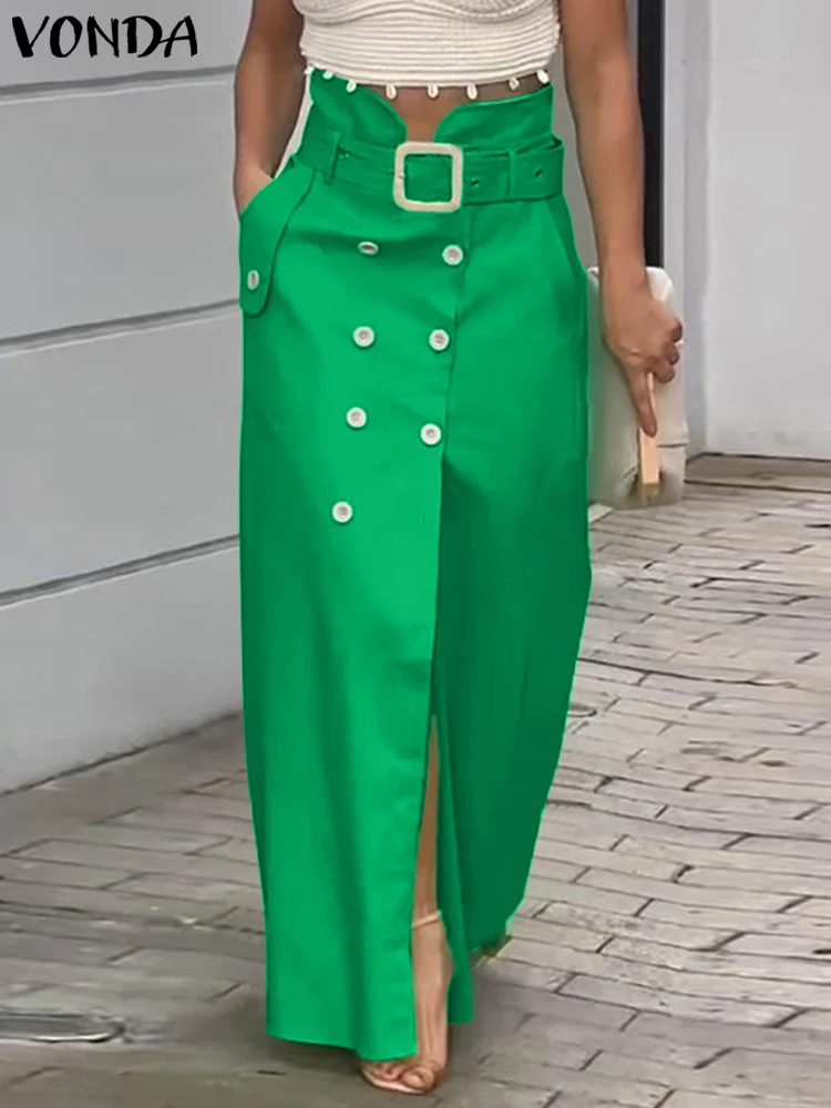 VONDA Women Solid Color Long Skirts 2025 Casual Waistband Button Design Slit Overskirts Elegant Office Lady Bottoms Oversized