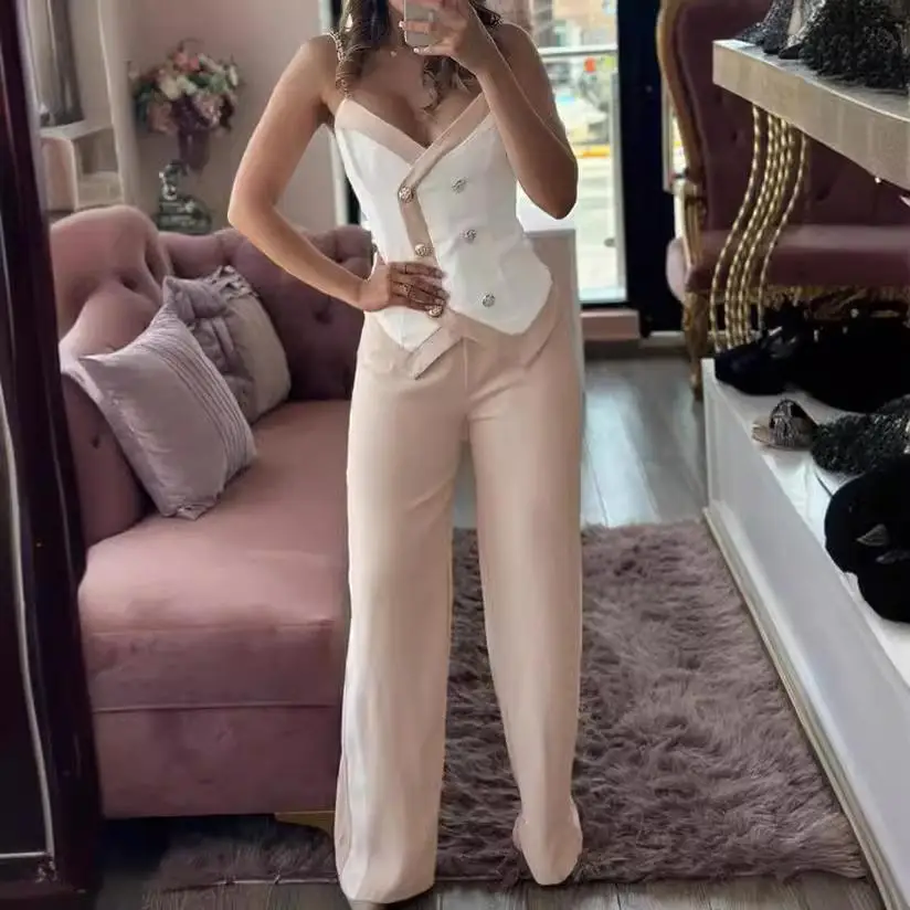 

Women's Double Suspender Suit Casual Style Three-piece Set Long Pants Sleeveless Winter Fashion Suit Double Strap Ensemble