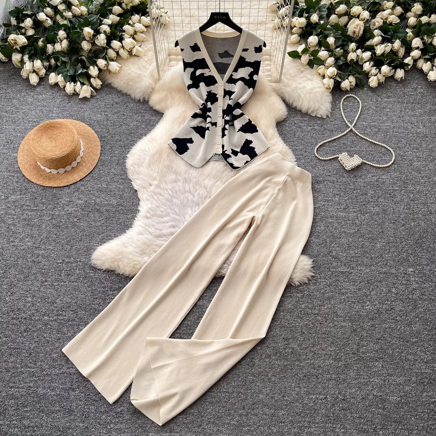 

Pant Set Women Two Piece Sets V Neck Sleeveless Knit Top Wide Leg Long Pants Elastic Waist Y2k Streetwear Elegant Casual 2026