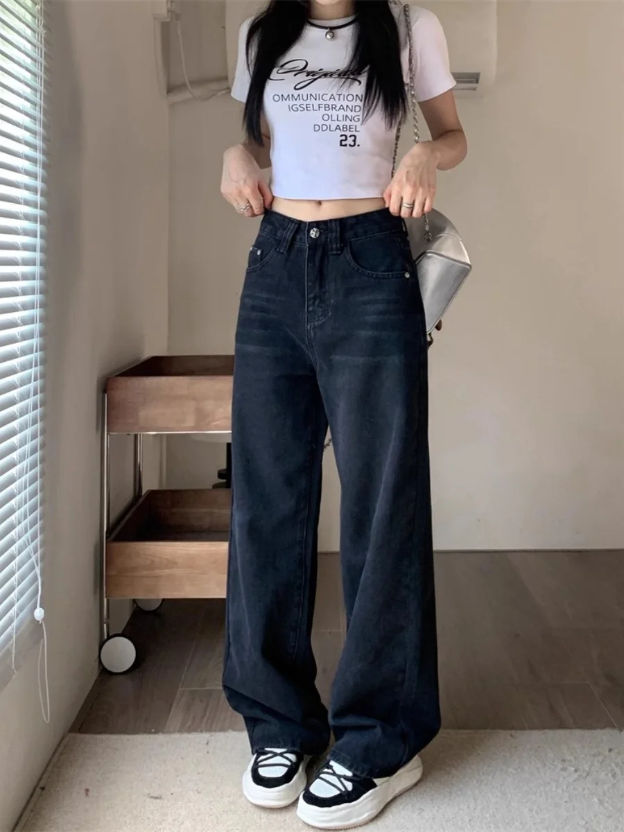 جينز للنساء بخصر عالٍ مقاس كبير وشكل متعرج كبير مريح أساسي بسيط للاستخدام اليومي متعدد الاستخدامات وعملي ثقيل كامل