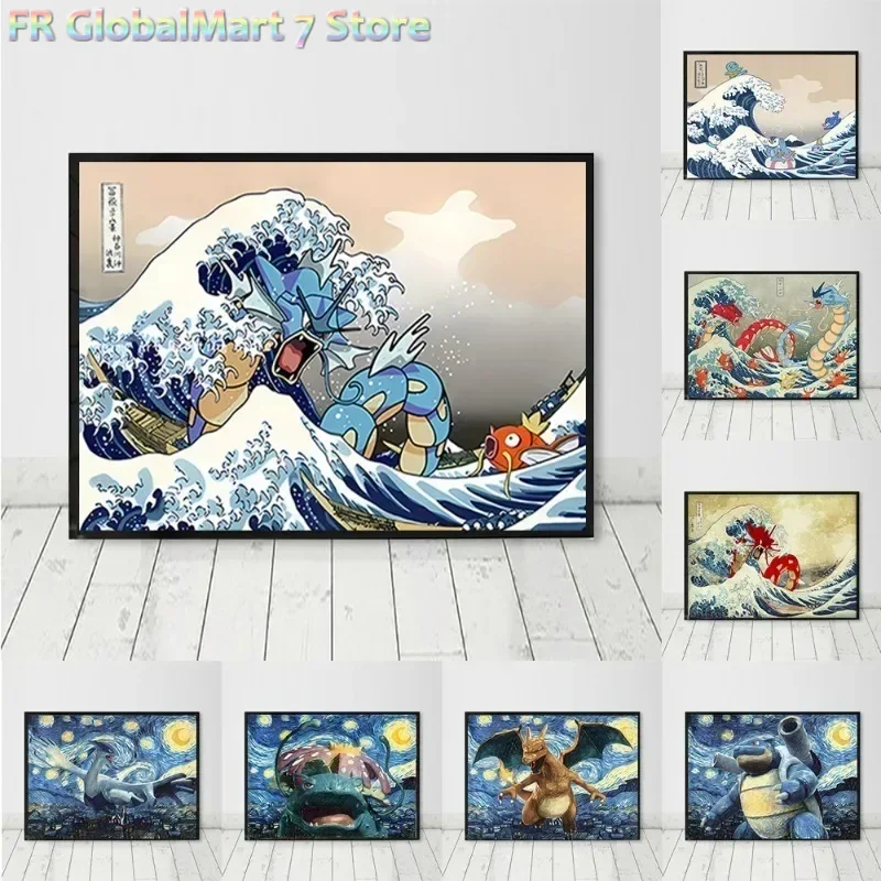 Pikachu Poster Ukiyo-e Kobe River Surfing, Starry Night Elves, Pokémon, Anime Canvas Painting, Modern Room Decoration Picture