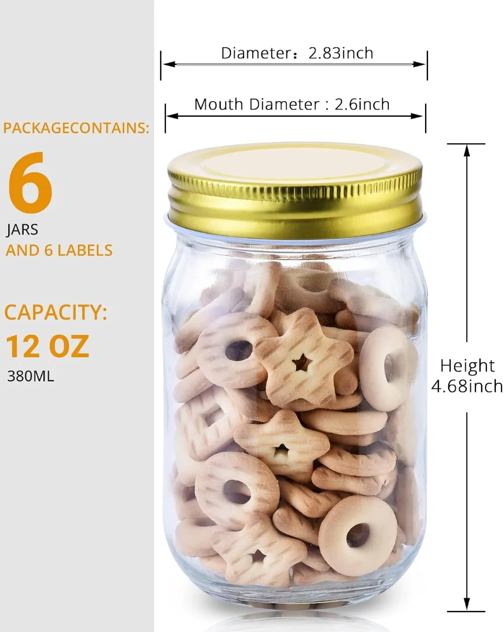 12 oz Mason Jars with Gold Lids, 6 Pack for Canning & Storage