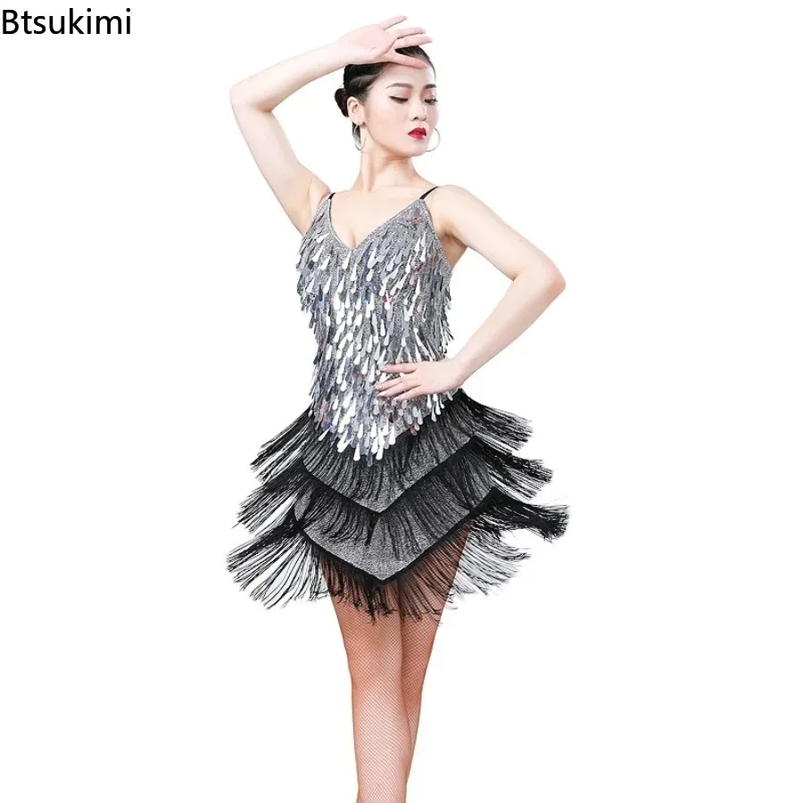 Abito da ballo latino con paillettes lucide da donna Nappa scintillante Party Dancewear Costume di scena Sala da ballo Salsa Samba Rumba Jazz Tango Outfit