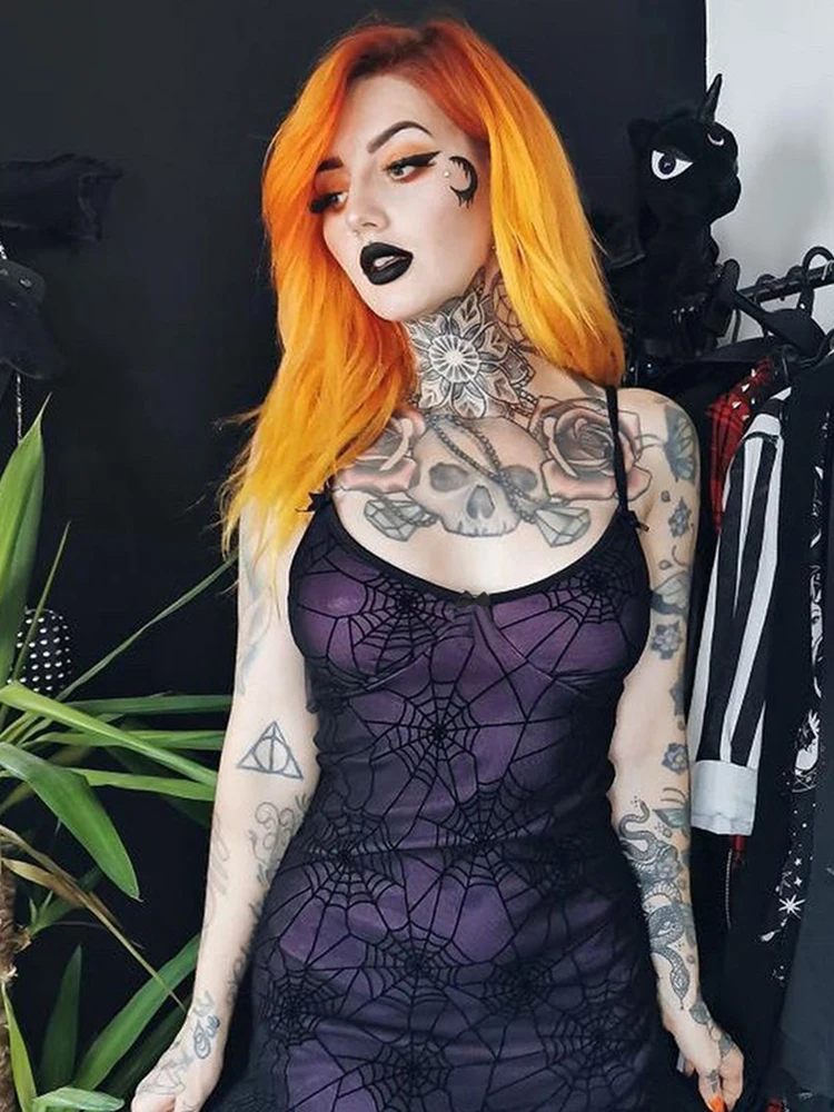 AltGoth Halloween Gothic Dress Women Vintage Y2k Dark Punk Spider Web Pattern Lace Patchwork Spaghetti Strap A-line Dress Femme