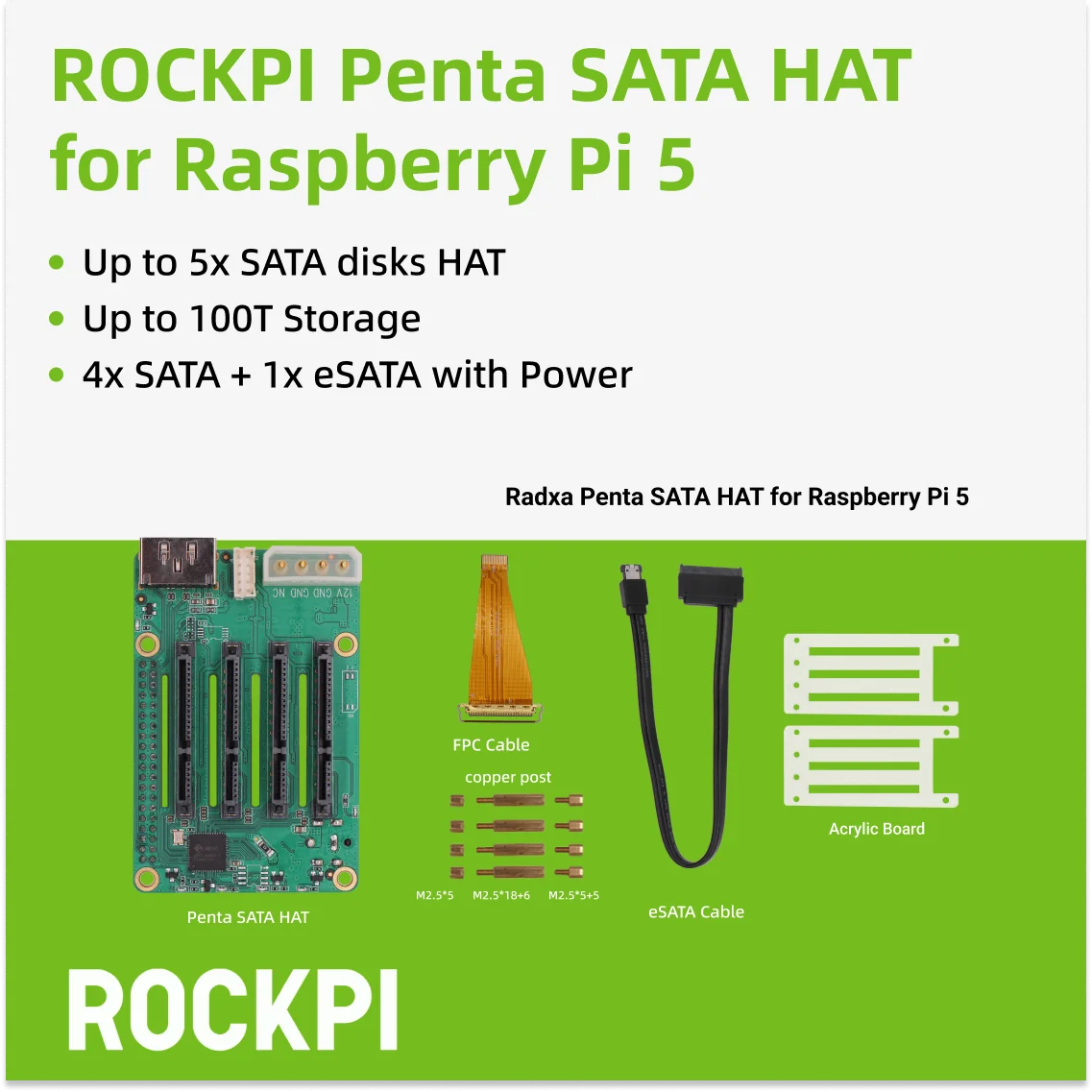 ROCKPI Penta SATA HAT  - Up to 5x SATA disks HAT for Raspberry Pi 5 and ROCK Pi SBCs,3C,5A, 4A / 4B / 4SE / 4A+ / 4B+ / 3A