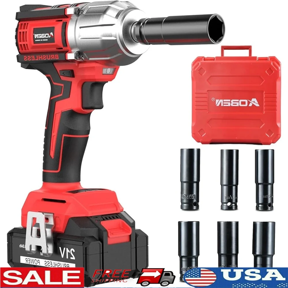 

21V Cordless High Torque Impact Wrench Brushless Motor 450 ft-lb Max Torque 4.0Ah Battery 6 Socket Set Fast Charger LED Light