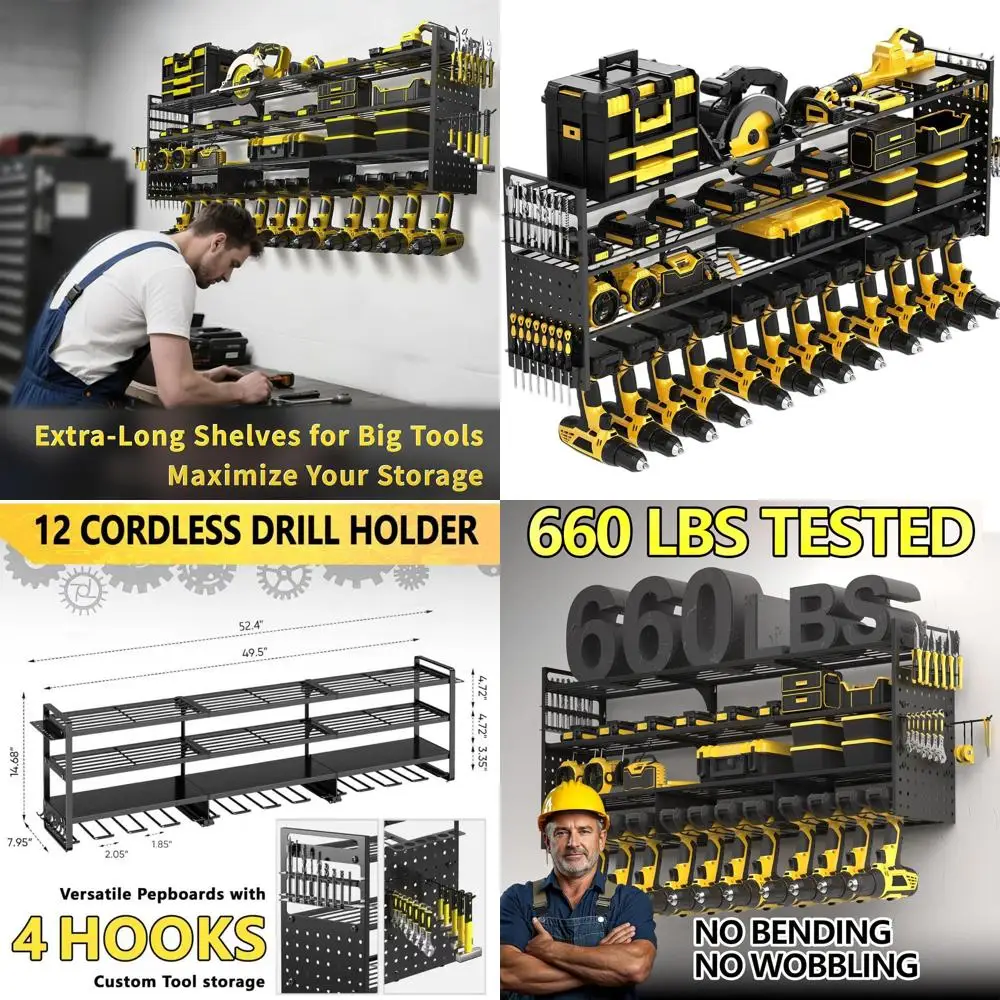 

4-ярусная настенная стойка для инструментов повышенной прочности с грузоподъемностью 300 кг для хранения в гараже и мастерской