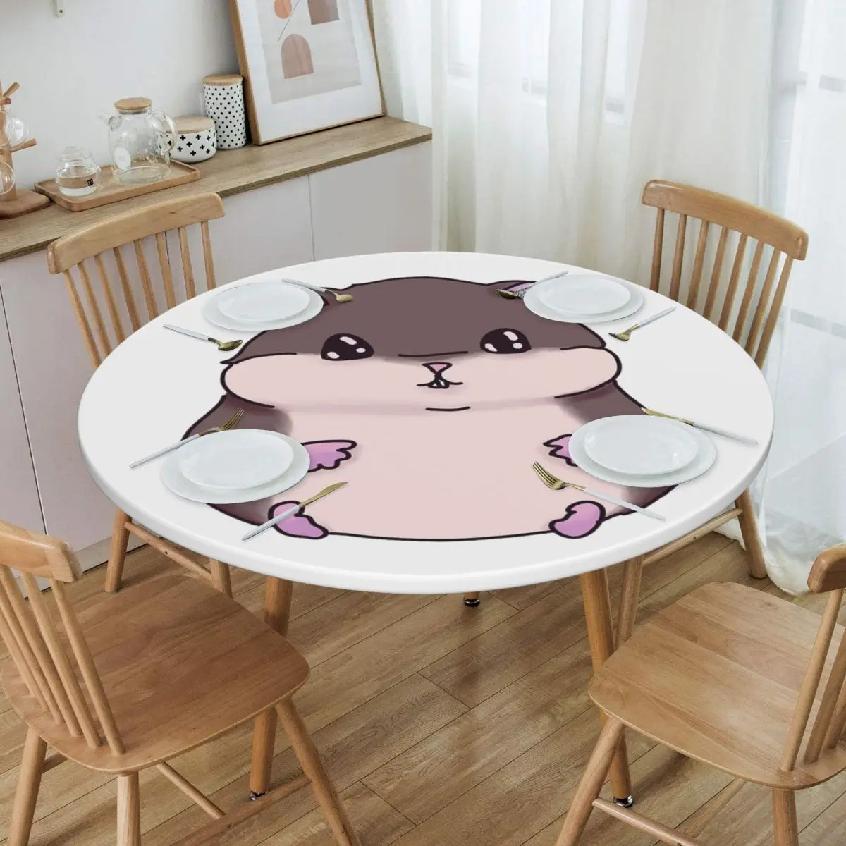 Cute Hamster Waterproof Round Tablecloth Oilproof Table Cloth for Kitchen Events Dining Table Cover