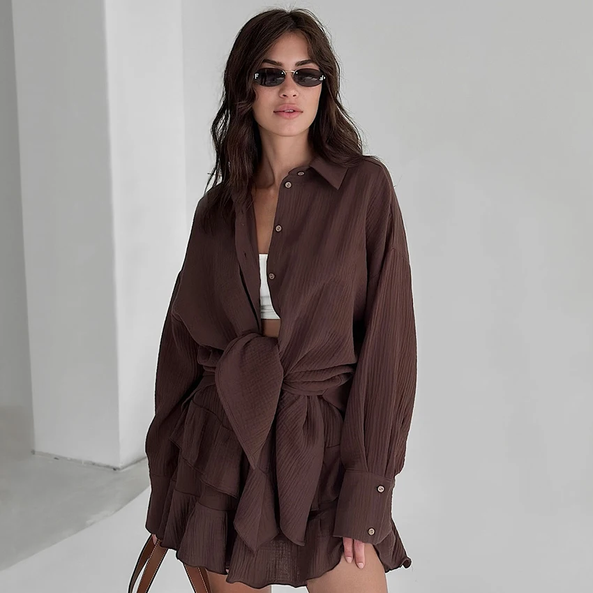 

Hiloc Woman Casual Long Sleeve Full Opening Top Suit Brown Layered Ruffles Slit Short Skirt Sets Summer Lapel Pure Cotton Outfit
