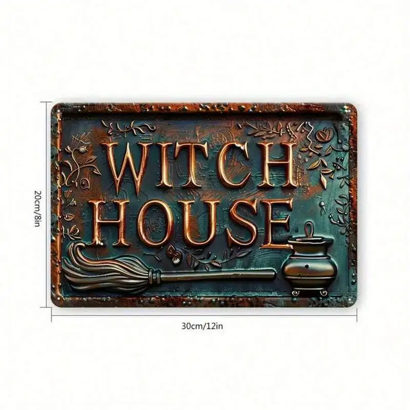 1PC Witch House Tin Sign, Halloween Decor, Vintage Style, Sturdy Metal, Ideal For Outdoor Or Party Decor, 8x12 Inches / 20x30 Cm