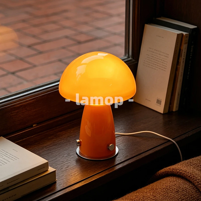 Gloss Orange All In One Mushroom Table Lamp Macaron Sweet Style 3 Tone Soft Light Stained Glass Window Sill Book Stack Decor