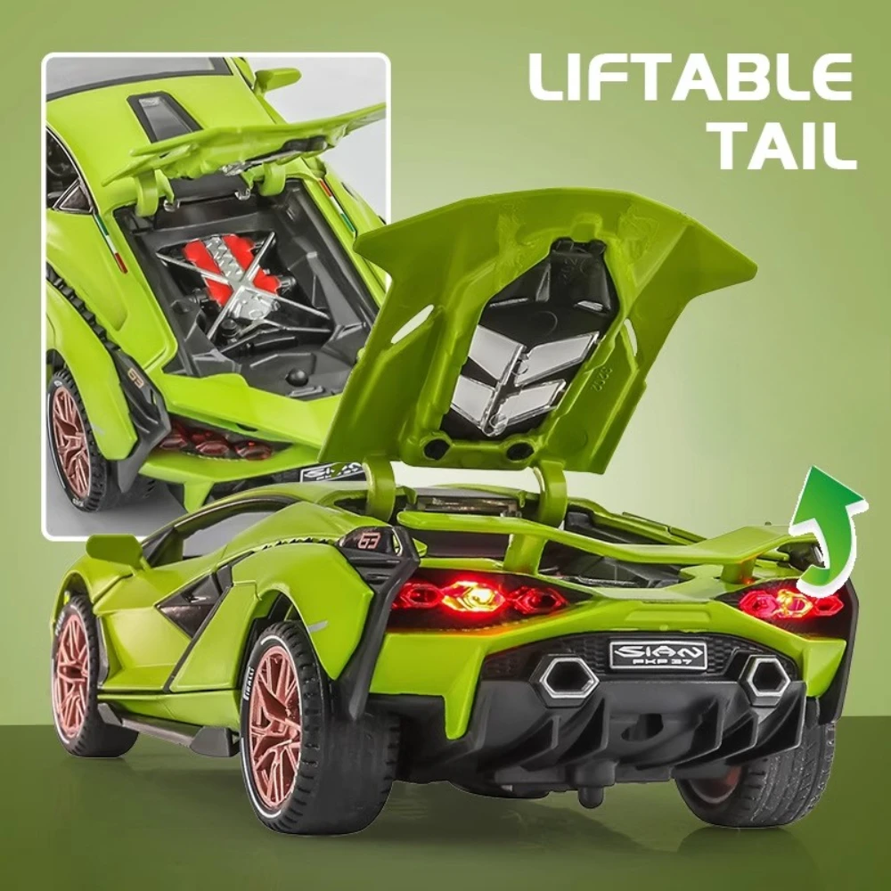 Mini modelo de coche deportivo SIAN V12 GT, escala 1:32, aleación de juguete, supercoche fundido a presión, modelos de supercoche, puertas con luz de sonido, espalda abierta, regalos para niños