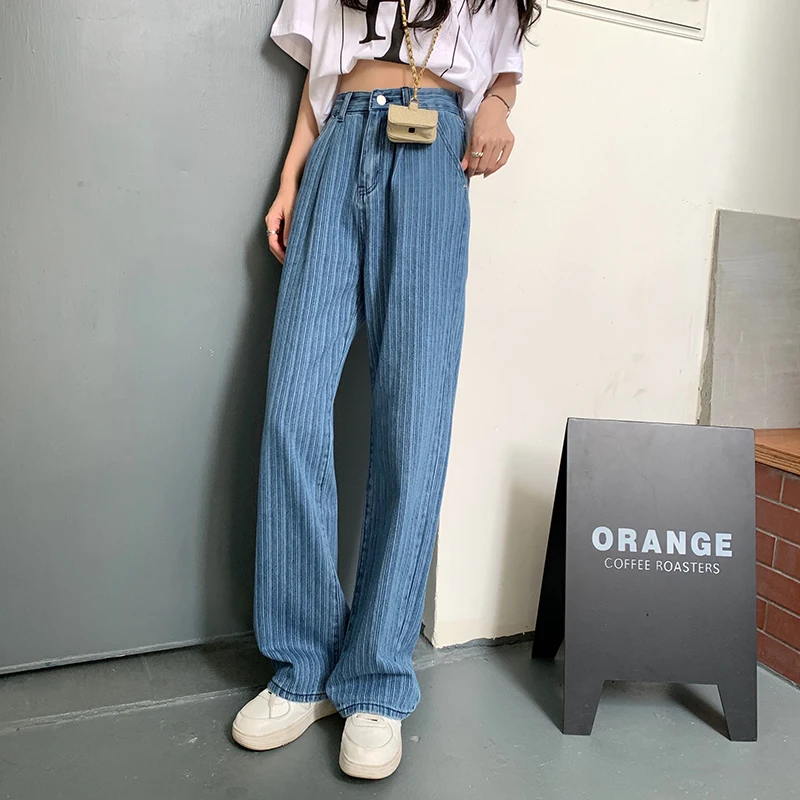 

S-XL Autumn women Vintage Style long denim pants Streetwear High waist Striped Wide Leg Denim jeans Trousers for womens(L2873