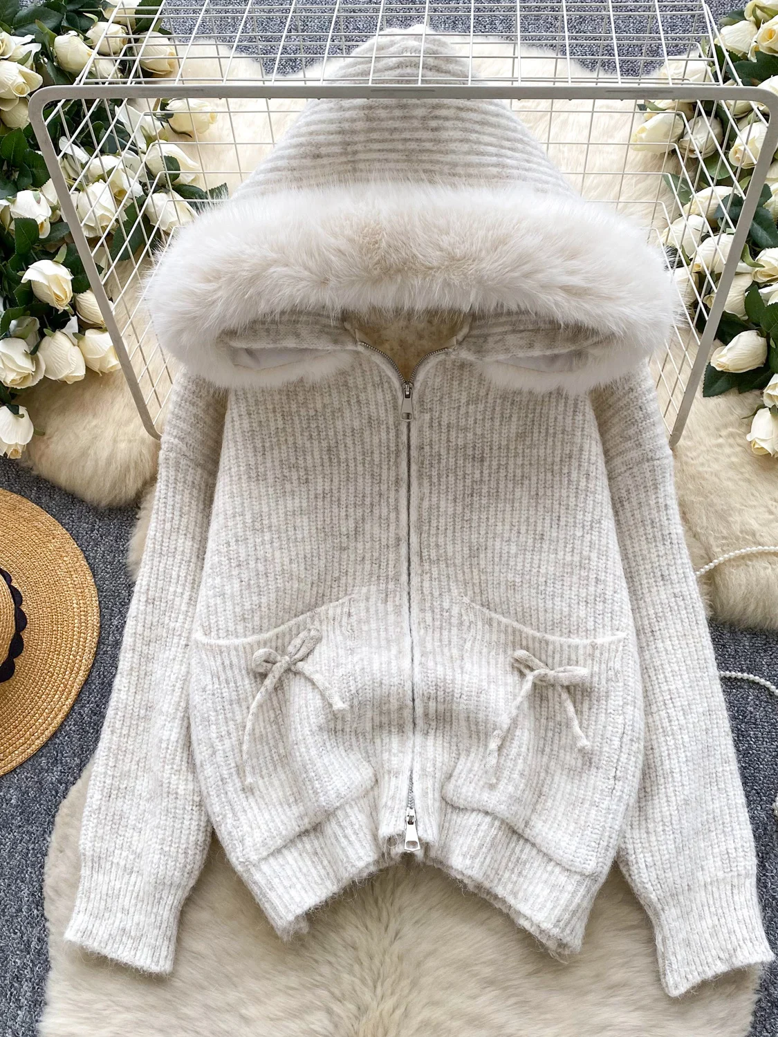 

Casual Loose Knitted Sweater Long Sve Fluffy Splicing Knot ket Warm Thermal Autumn Faion Outerwear Coat