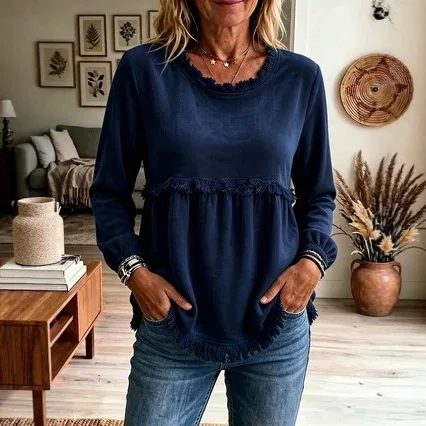 Women Solid Tassel T Shirt Pullover Basic Tops Long Sleeves Round Neck Slight Strech Loose Fit Elegant Casual 2026 Spring Autumn