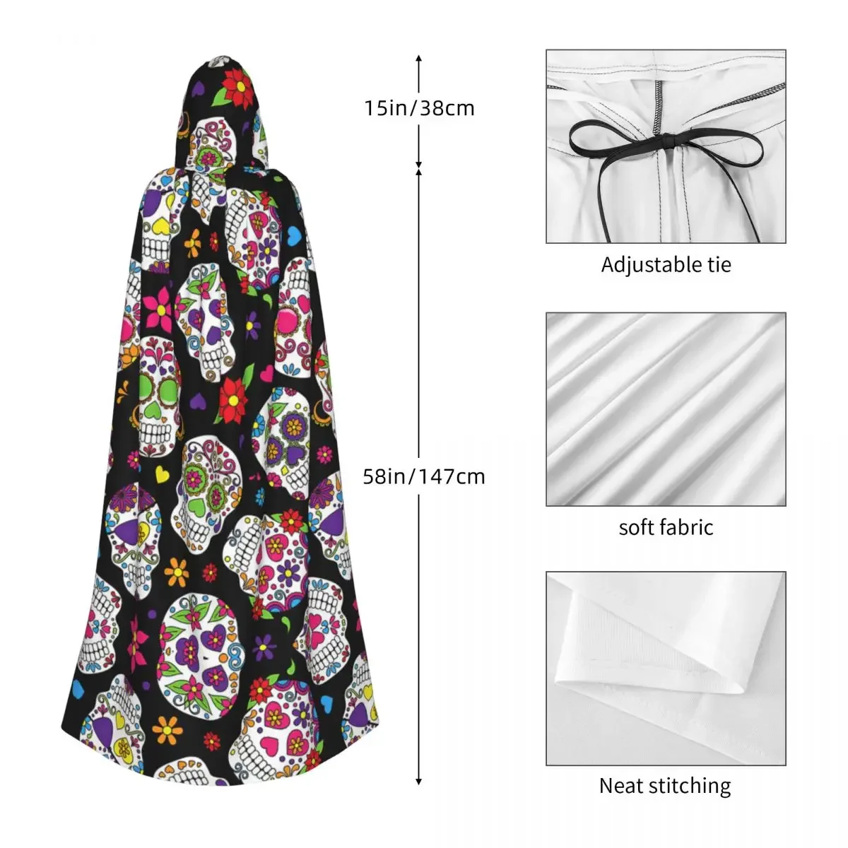 Mexikanischer Totenkopf-Kapuzenumhang, Halloween-Party, Cosplay, Damen, Herren, Erwachsene, lange Hexerei, Robe, Kapuze
