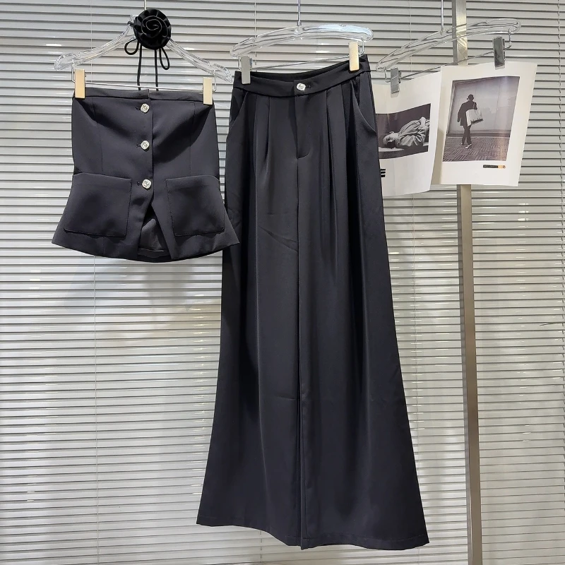 여름 신상품 민소매 Strapless 입체 꽃 붕대 탱크 탑 + 와이드 레그 팬츠 절묘한 하이 엔드 세트